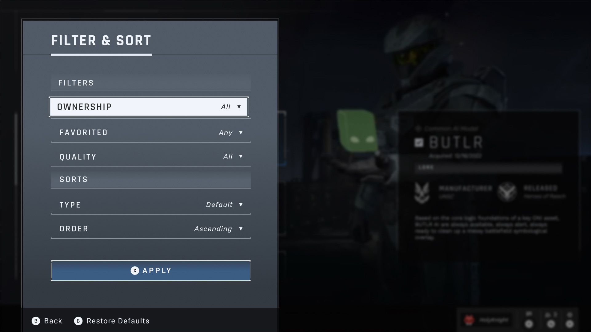 Halo Infinite Filter and Sort menu