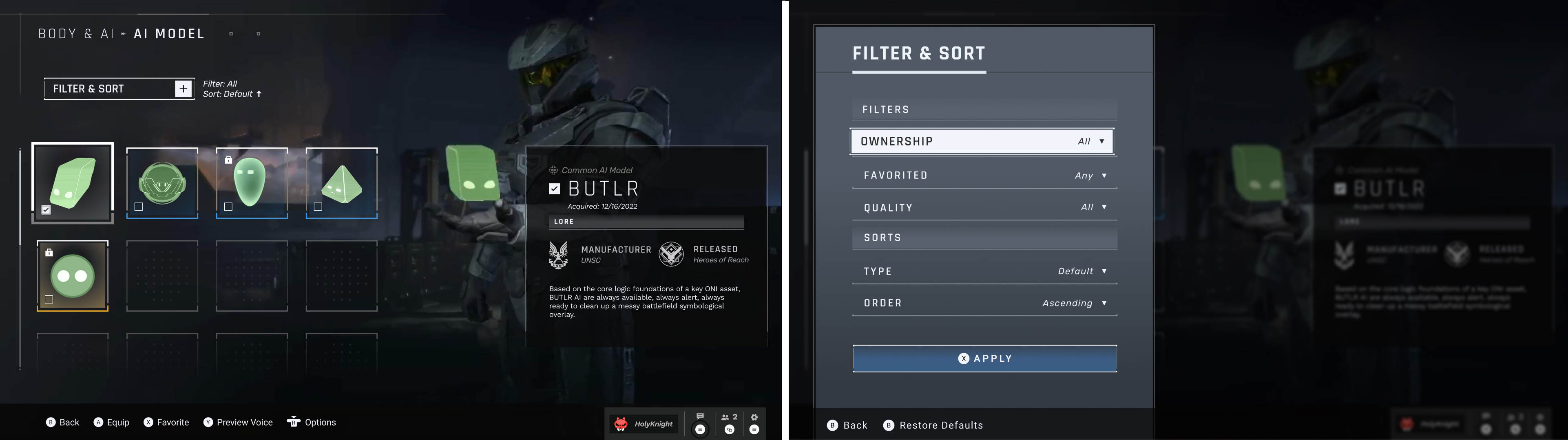 Halo Infinite Selection and Filter Screens