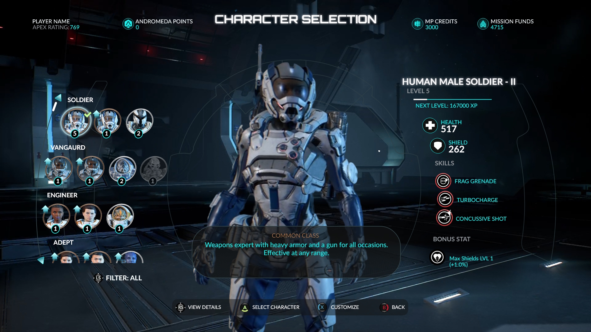 Mass Effect Comando Character Selection